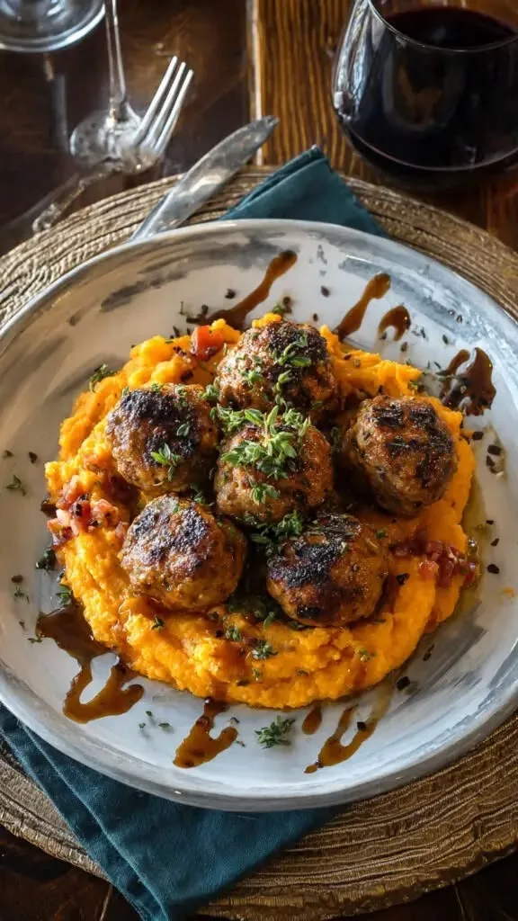 Pork Meatballs with Sweet Potato Mash