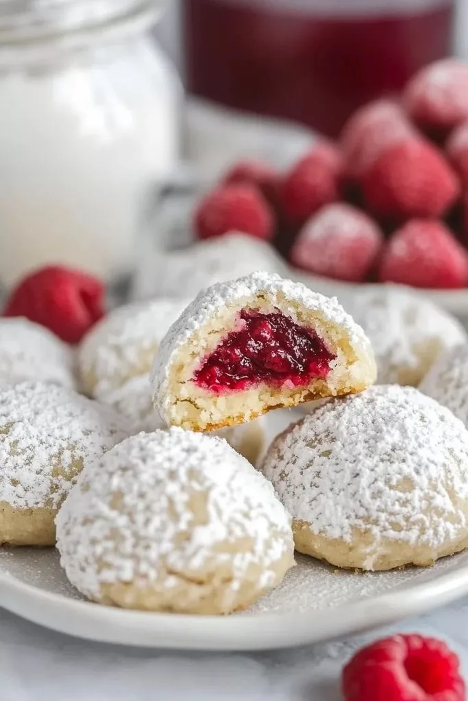 Raspberry Filled Almond Snowball Cookies Recipe 1 Raspberry Filled Almond Snowball Cookies