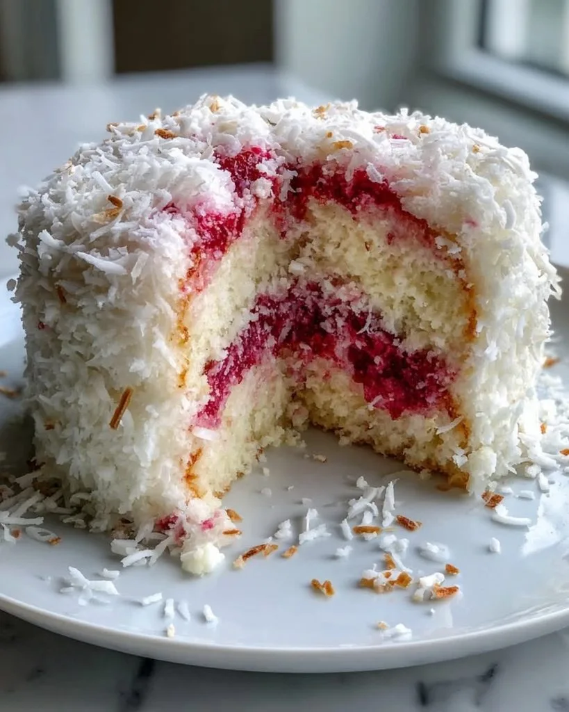 Raspberry Swirl Coconut Snowball Cake Recipe 2 Raspberry Swirl Coconut Snowball Cake