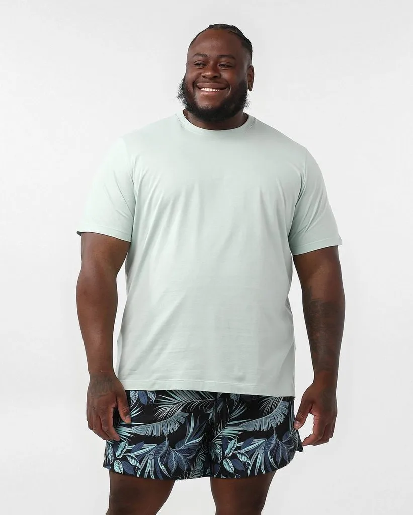 Tropical Print Swim Shorts and a Solid Shirt