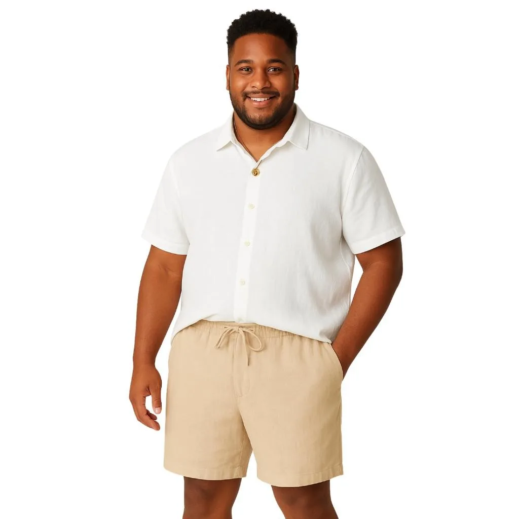 White Linen Shirt and Beige Shorts