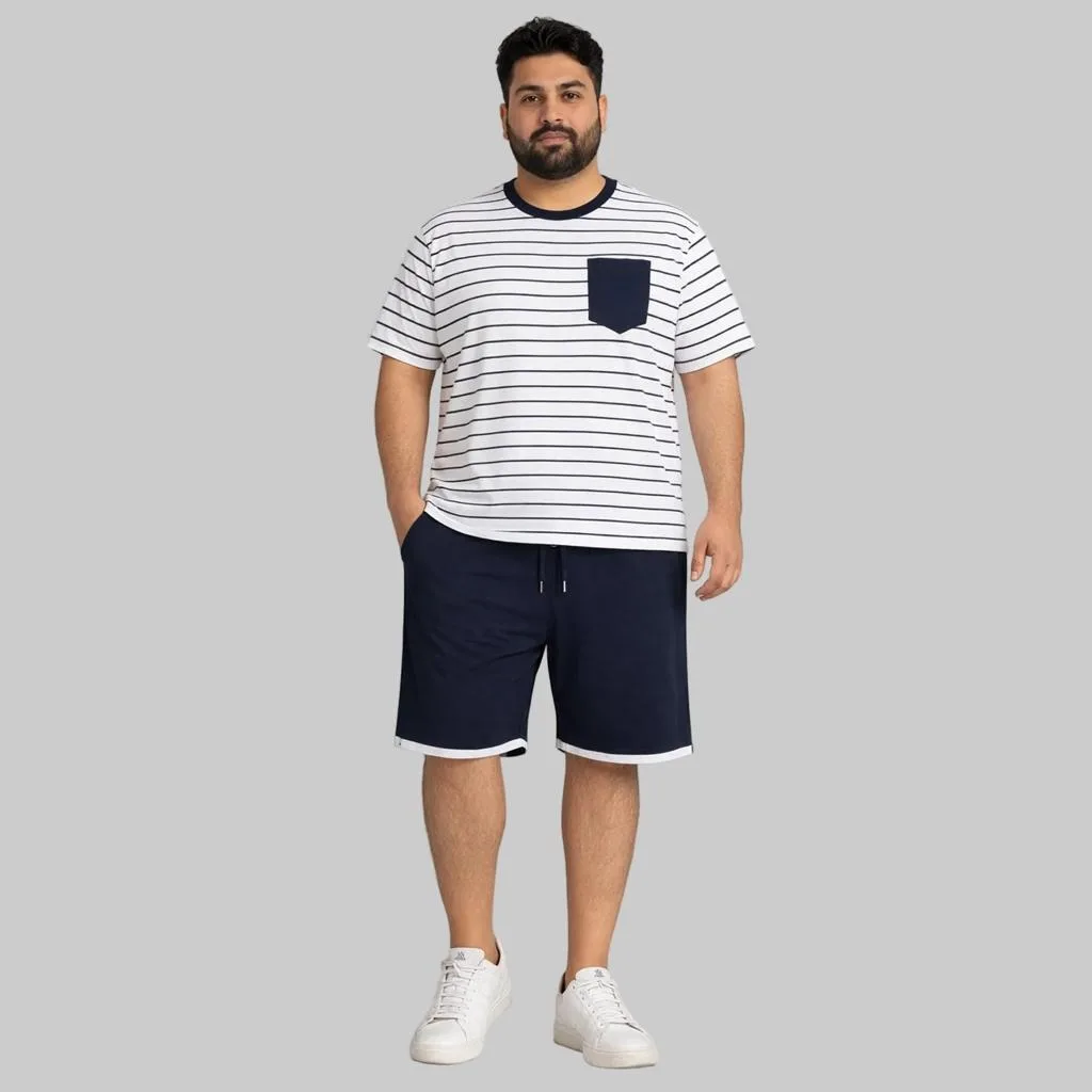 Striped T-Shirt and Navy Swim Shorts