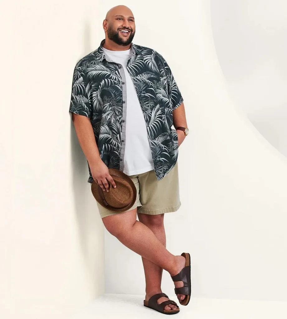 Open Hawaiian Shirt and Solid Swim Shorts