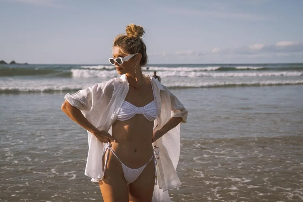 White Bikini With a Linen Shirt