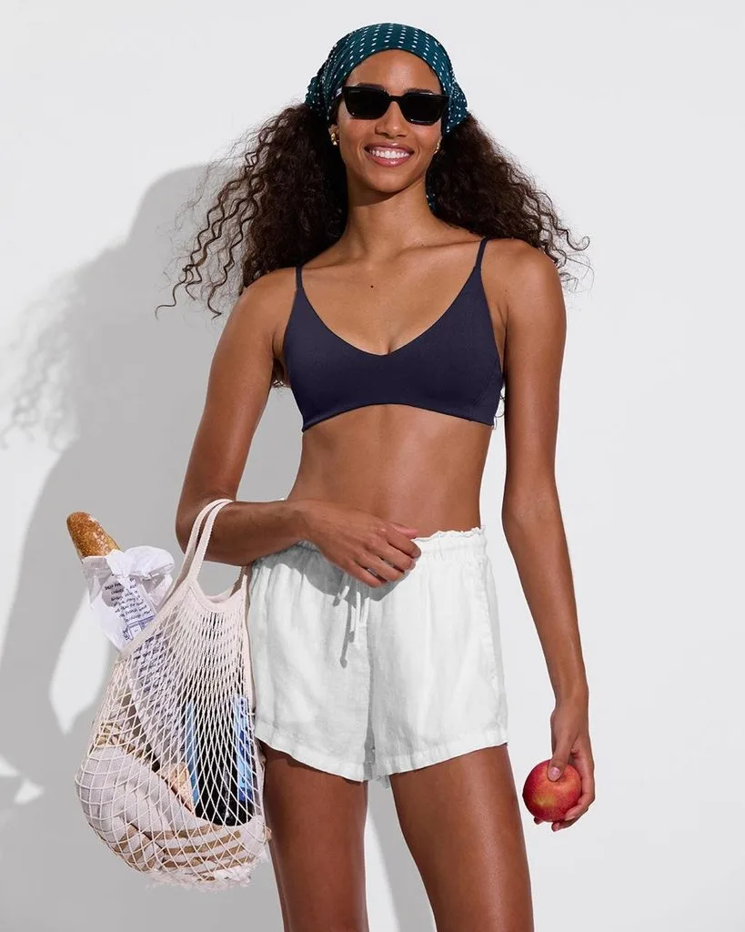 Navy Bikini With Tailored Linen Shorts