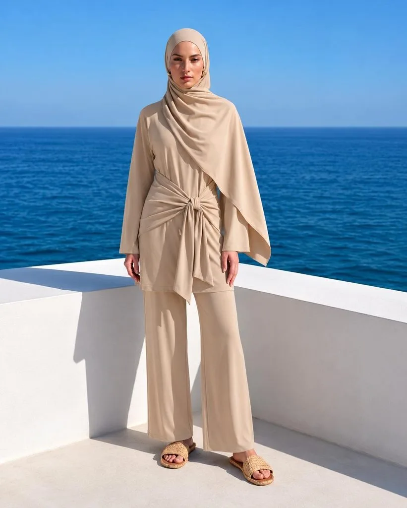 15 Beach Outfit Hijab Baddie Looks for a Chic Summer 3 Beige Linen Co-Ord Set
