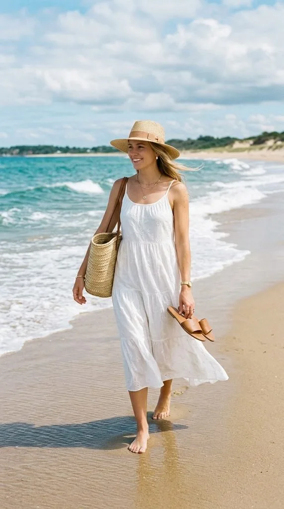 10 Beach Outfit Ideas With a Hat for a Stylish Summer 2 Classic White Dress With a Straw Hat