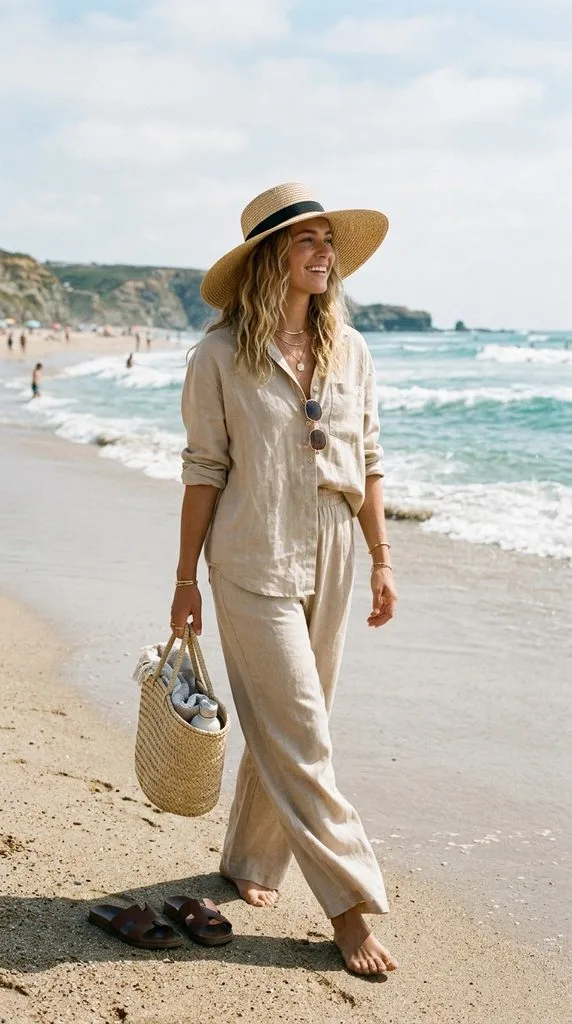 10 Beach Outfit Ideas With a Hat for a Stylish Summer 5 Linen Co-Ord Set With a Wide-Brim Hat