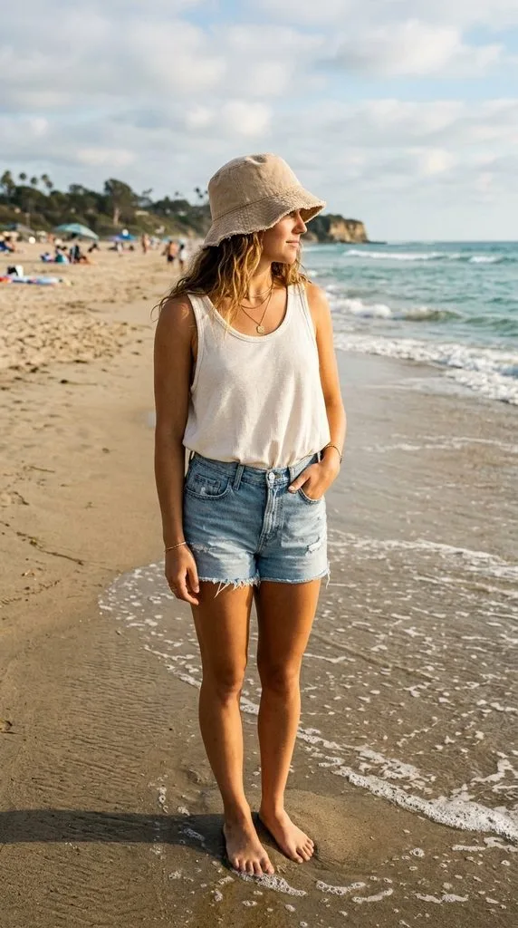 10 Beach Outfit Ideas With a Hat for a Stylish Summer 4 Denim Shorts With a Bucket Hat