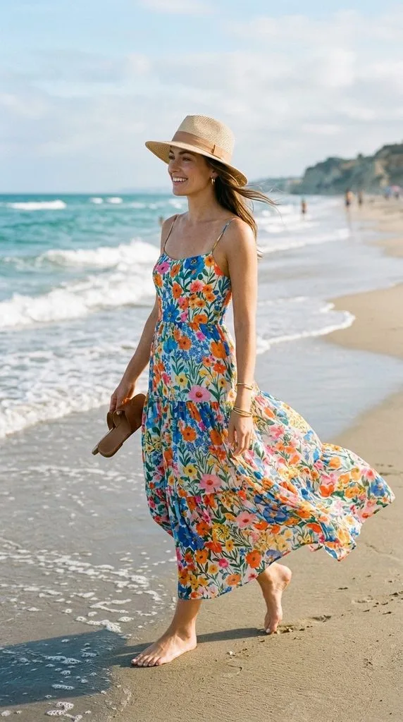 10 Beach Outfit Ideas With a Hat for a Stylish Summer 6 Floral Maxi Dress With a Sun Hat
