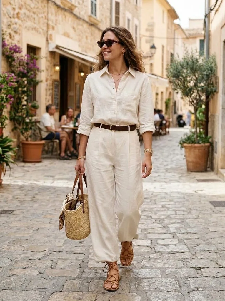 10 Beach Sandals Outfit Ideas for Women to Try This Summer 5 Linen Trousers with Flat Leather Sandals