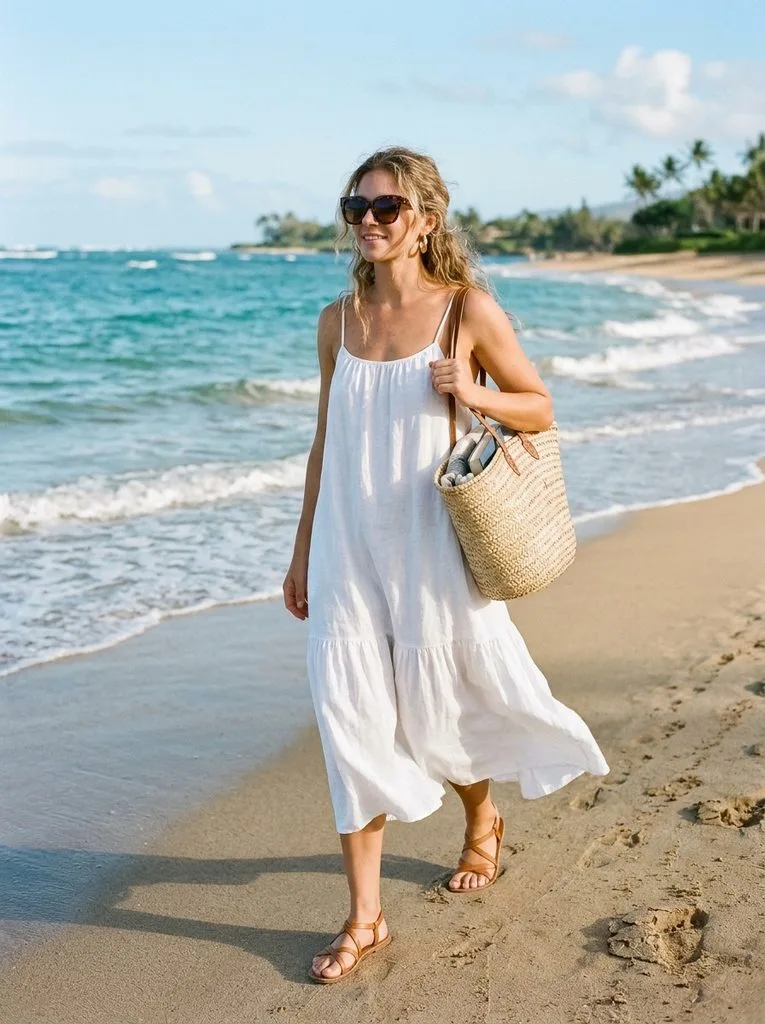 10 Beach Sandals Outfit Ideas for Women to Try This Summer 2 White Linen Dress with Tan Sandals