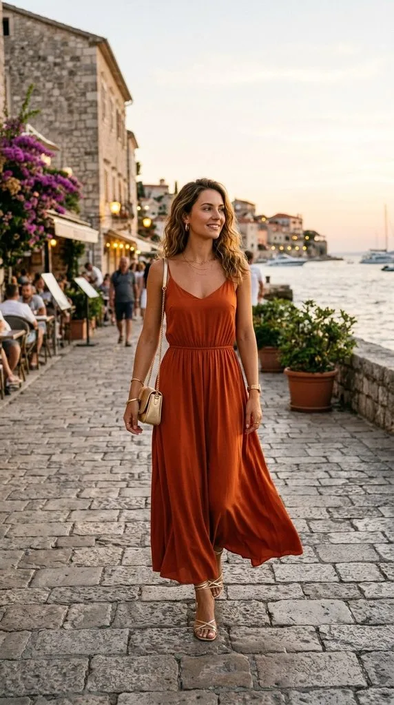 10 Beach Sandals Outfit Ideas for Women to Try This Summer 7 Maxi Dress with Metallic Sandals