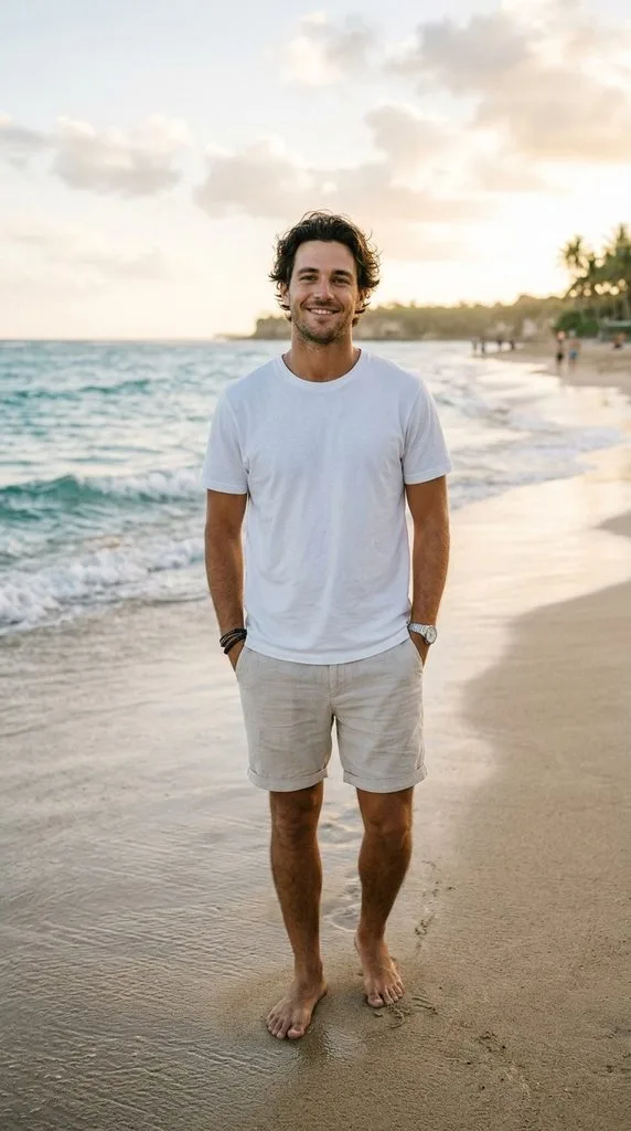 White T-Shirt With Beige Shorts