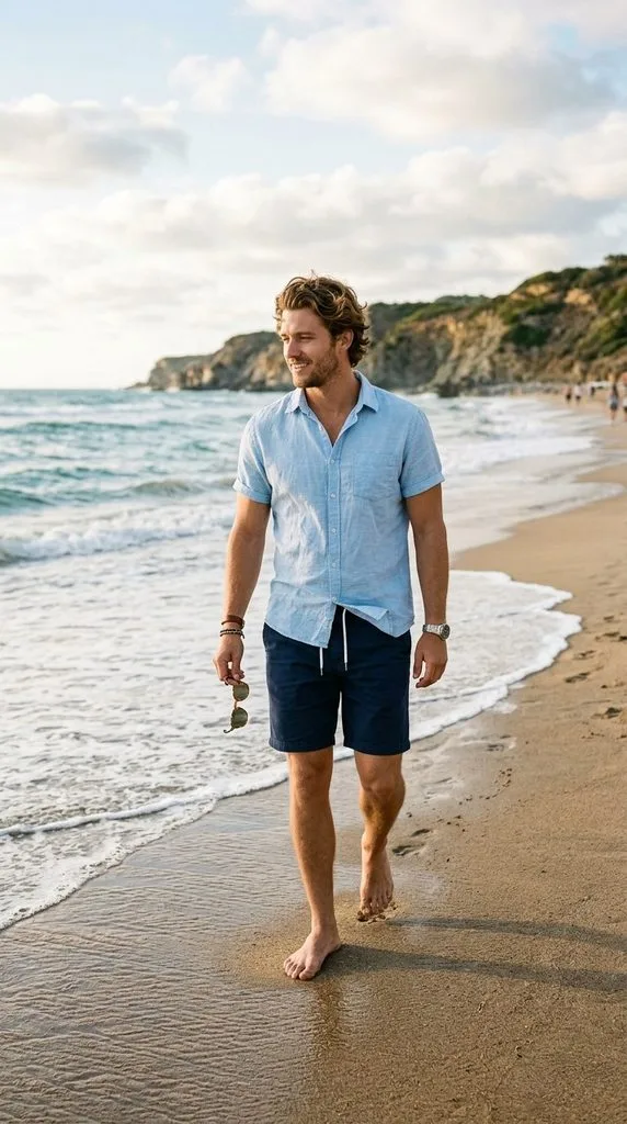 Navy Shorts With a Light Blue Shirt