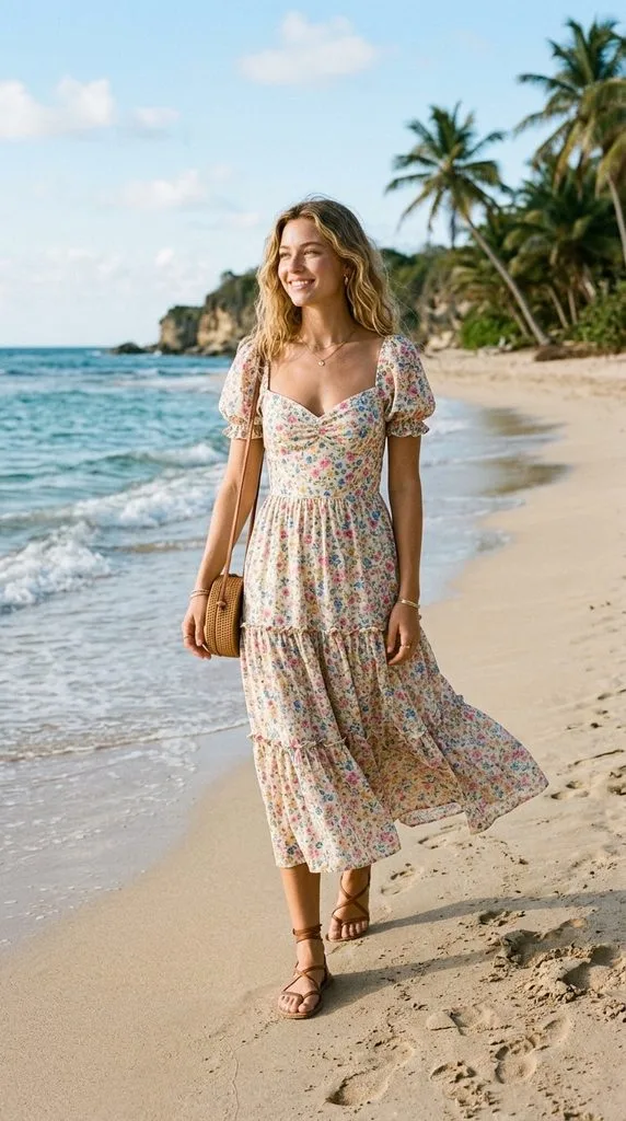 13 Maldives Vacation Outfit Ideas for a Dreamy Island Trip 8 Romantic Floral Midi Dress