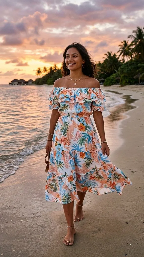 13 Maldives Vacation Outfit Ideas for a Dreamy Island Trip 11 Off-Shoulder Ruffle Dress