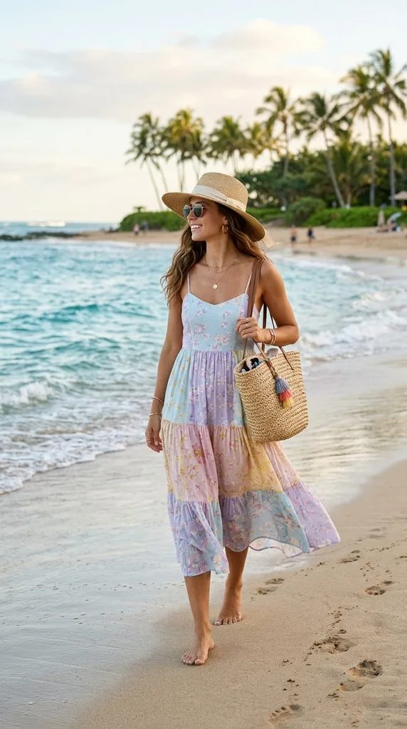 13 Maldives Vacation Outfit Ideas for a Dreamy Island Trip 14 Pastel Sundress With Straw Accessories