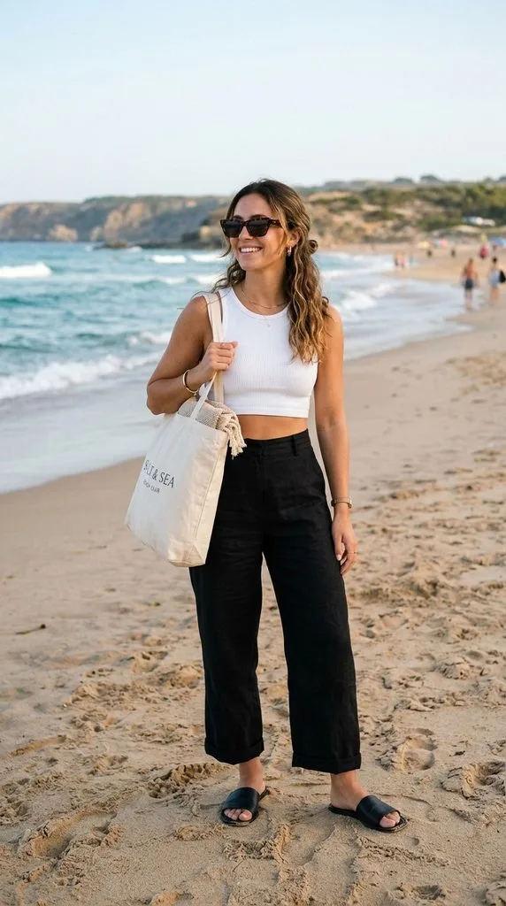 10 Beach Outfits With Linen Pants for a Chic Summer Look 4 Black Linen Pants With a White Crop Top