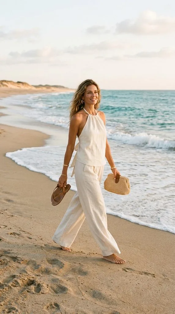 10 Beach Outfits With Linen Pants for a Chic Summer Look 8 Wide-Leg Linen Pants With a Halter Top